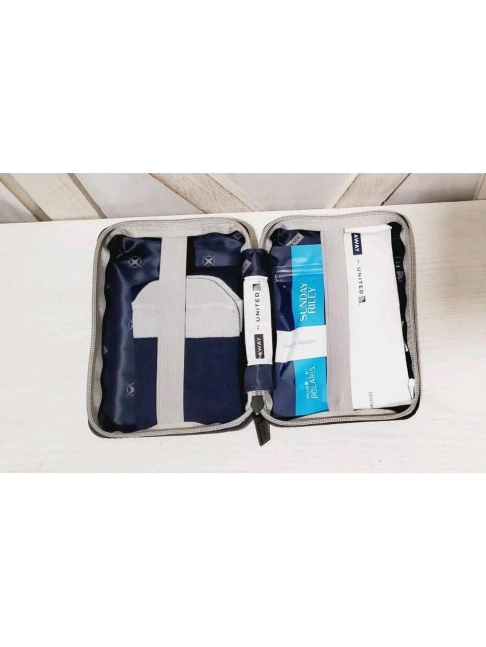 United Airlines AWAY Amenity Toiletry Kit Mini Blue Suitcase Sunday Riley - Picture 3 of 4